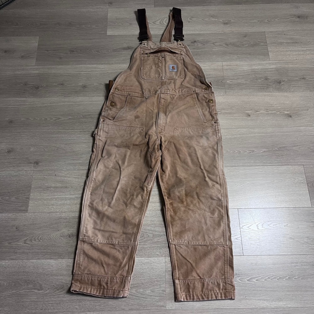VTG Carhartt Men's Brown Canvas Double Knee‎ Bib 102776-211 Overalls Size 38x30
